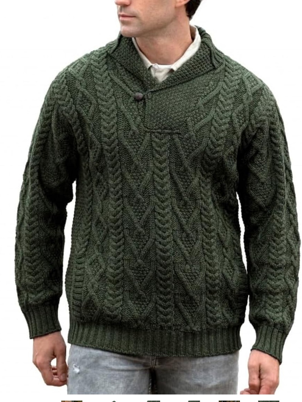 SAOL Ireland Merino Wool Sweater Aran Knit -Shawl v-neck Collar -Green blend XXL